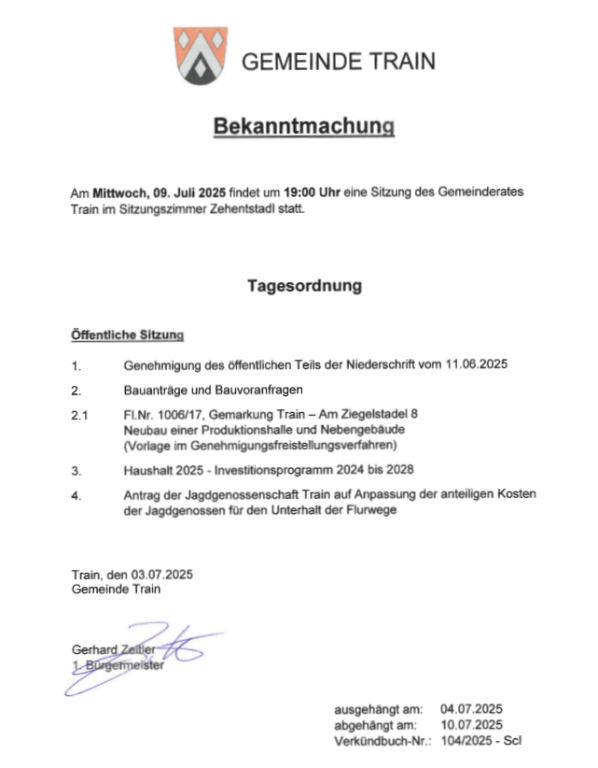 Bekanntmachung GR Sitzung Juli 2025